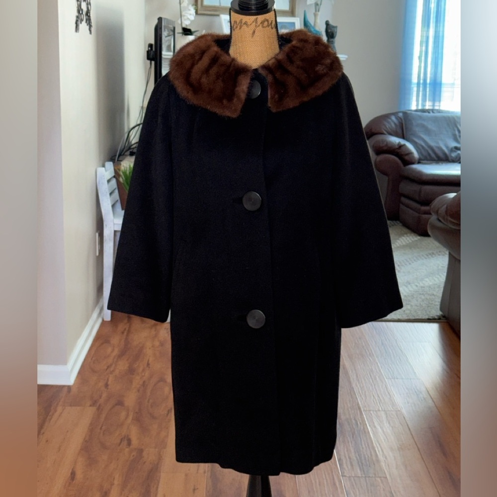 Vintage Worumbo Woolen mink collar black button down satin lined coat
